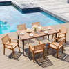 Acacia wood outdoor dining chairs set of 2 with PE rattan, featuring backrests and armrests, ideal for patio dining.