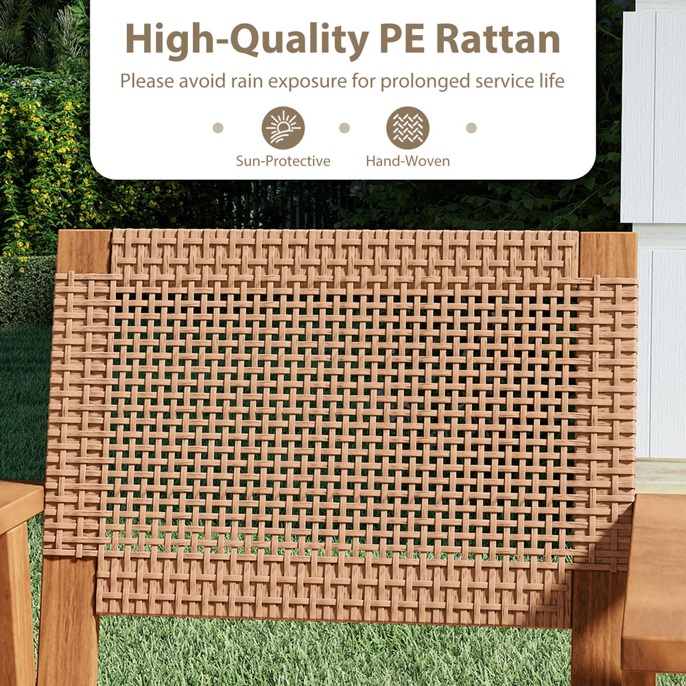 Close-up of hand-woven high-quality PE rattan backrest for acacia wood outdoor dining chairs set, ideal for patio use.