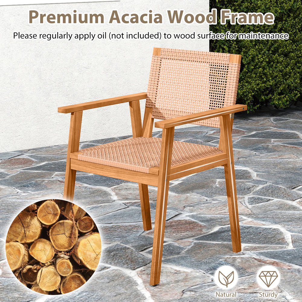 Acacia wood outdoor dining chair with PE rattan seat, featuring armrests and backrest, ideal for patio or indoor use.
