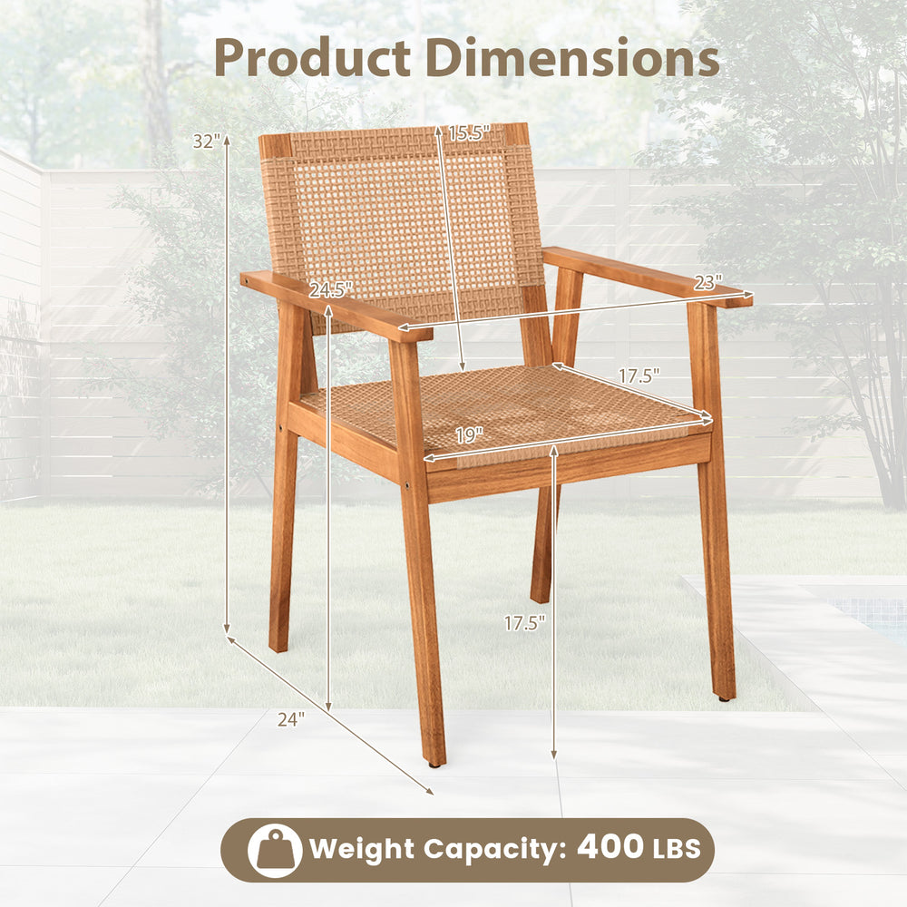 Acacia wood outdoor dining chair with PE rattan seat, showcasing dimensions and weight capacity of 400 lbs for patio.