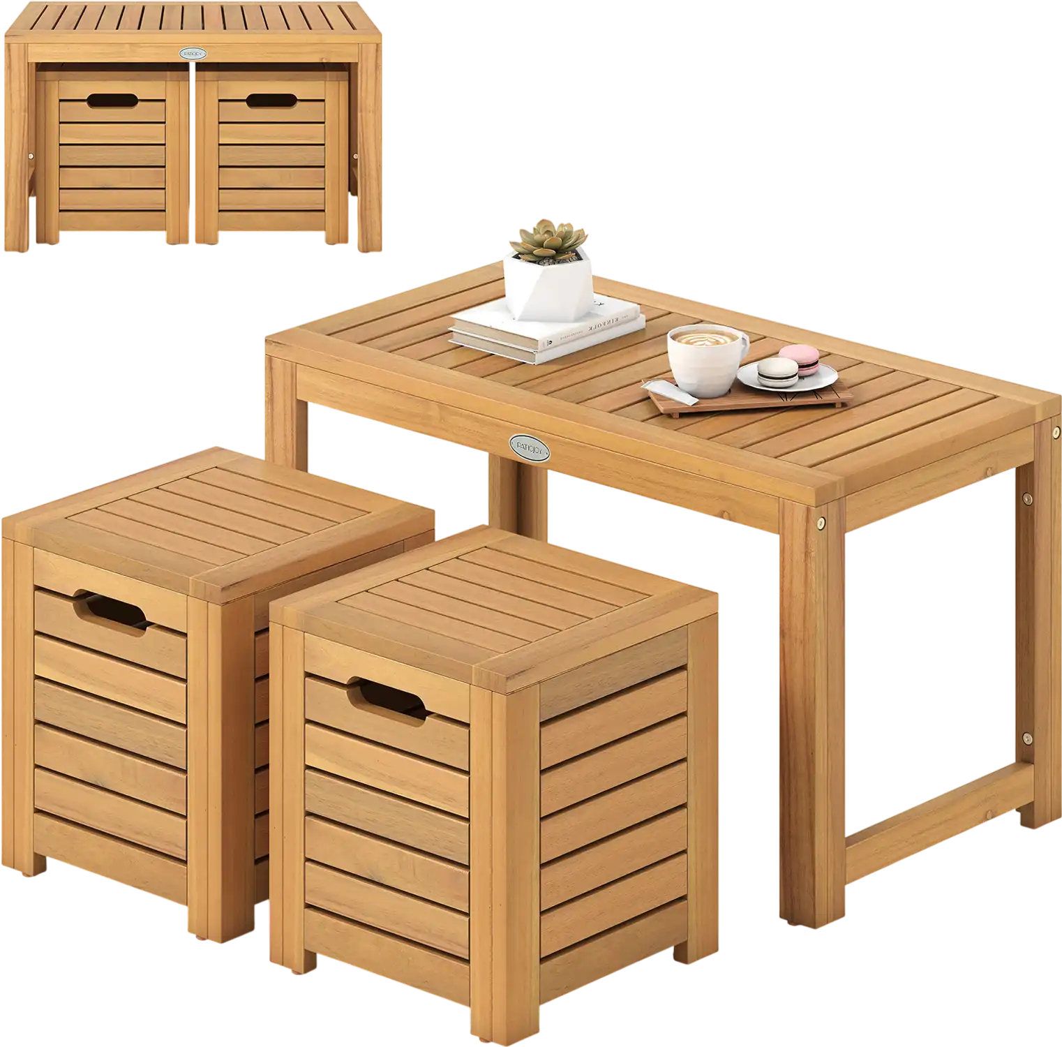 Costway 3-Pc Acacia Wood Outdoor Coffee Table & 2 Stools Patio Set 32251669 New