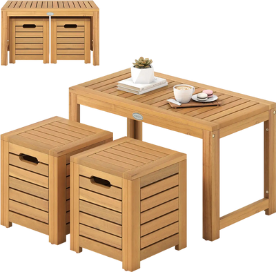 Costway 3-Pc Acacia Wood Outdoor Coffee Table & 2 Stools Patio Set 32251669 New