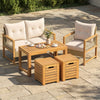 Acacia wood outdoor coffee table set with two stools, featuring hidden storage and a smooth, splinter-free surface for.