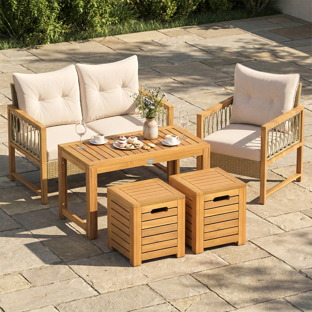 Acacia wood outdoor coffee table set with two stools, featuring hidden storage and a smooth, splinter-free surface for.