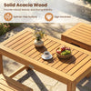 Acacia wood outdoor coffee table with two stools, featuring a splinter-free surface, ideal for patio or garden use.