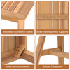 Close-up of acacia wood outdoor garden bench showing rounded corners, reinforced crossbars, and slatted seat design.