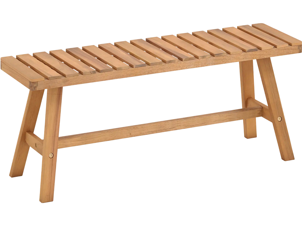 Acacia wood outdoor garden bench with slatted seat, 42" x 12", supports 800 lbs, ideal for patio or balcony use.