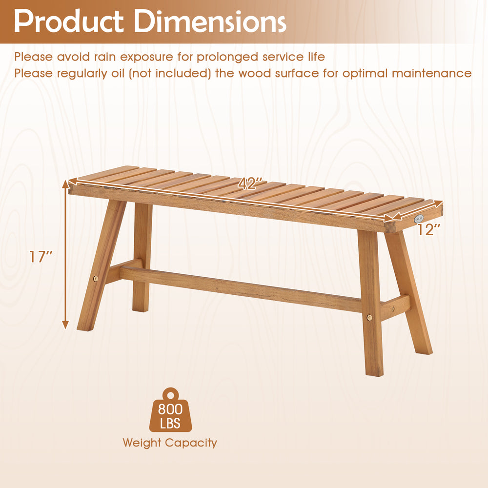 Acacia wood outdoor garden bench with slatted seat, 42" x 12", supports 800 lbs, ideal for patio or garden use.