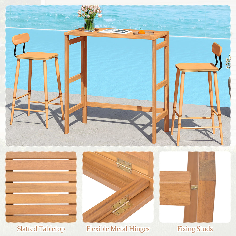 Acacia wood outdoor bar table with slatted tabletop, foldable design, ideal for balcony or poolside use.