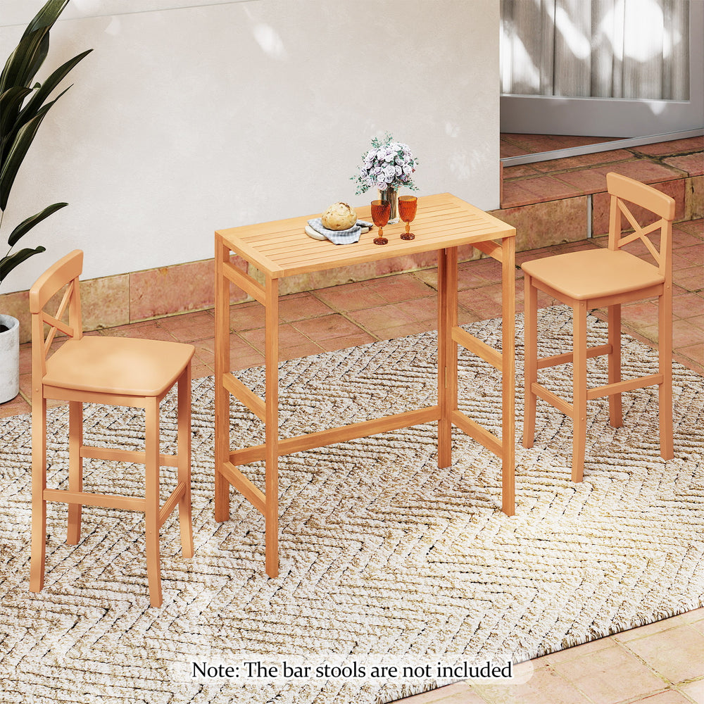 Acacia wood outdoor bar table with slatted tabletop, perfect for balcony or patio, featuring a foldable design for easy.