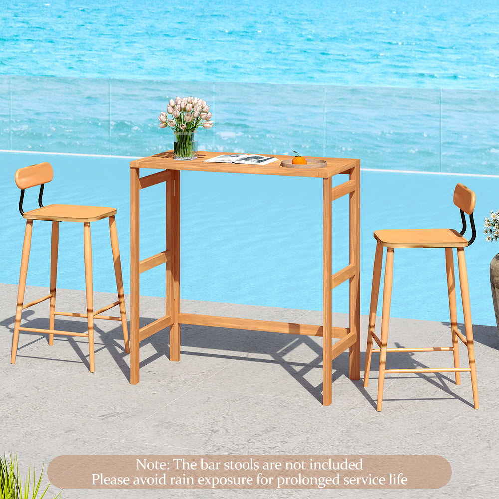 Acacia wood outdoor bar table with slatted tabletop, ideal for balcony or patio, featuring a foldable design for easy.