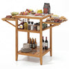 Acacia wood outdoor grill table with faux marble top, featuring drop-leaf side panels and two-tier open shelf for.