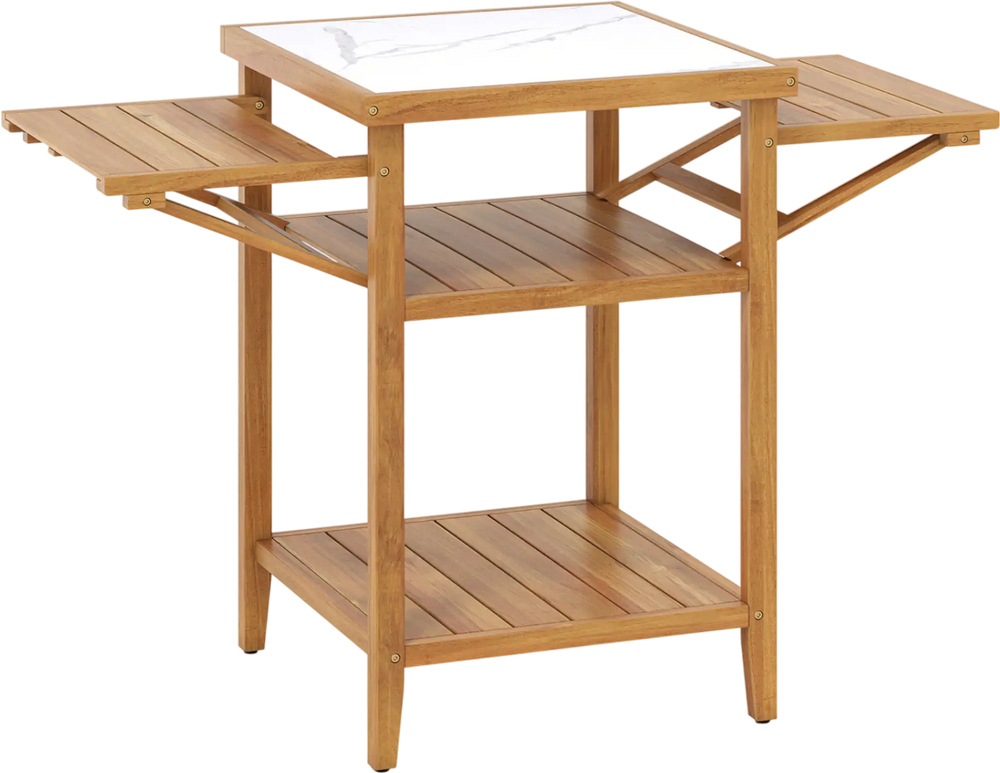 Acacia Wood Outdoor Grill Table with Faux Marble Top and Drop-Leaf Side Panels