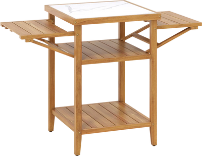 Costway Acacia Wood Outdoor Grill Table Faux Marble Drop-Leaf Side Panels 58681617 New