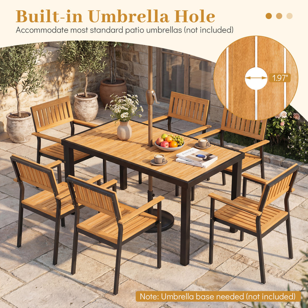 Acacia wood outdoor dining table with a 1.97" umbrella hole, seating 6 people, perfect for patio or garden use.