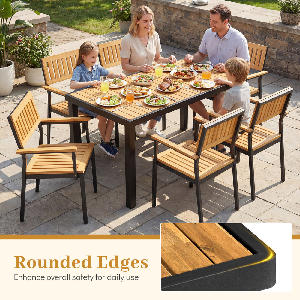 Acacia wood outdoor dining table with rounded edges, seating 6 people, featuring a 1.97" umbrella hole for patio use.