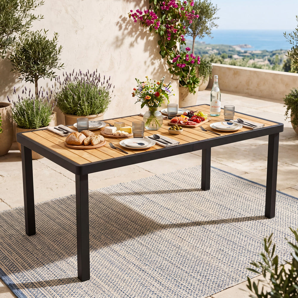 Acacia wood outdoor dining table with umbrella hole, seating up to 6 people, perfect for patio and garden use.