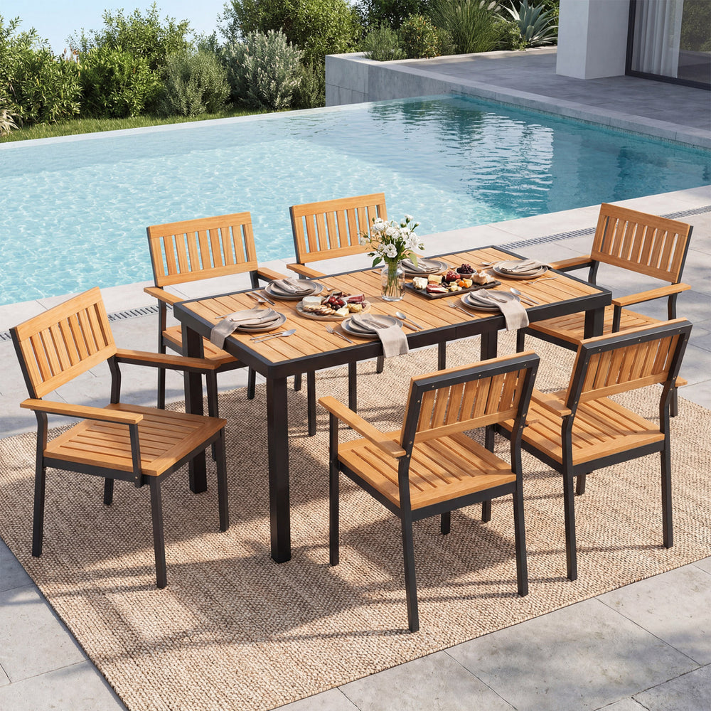 Acacia wood outdoor dining table with 1.97" umbrella hole, seating up to 6 people, perfect for patio or poolside use.