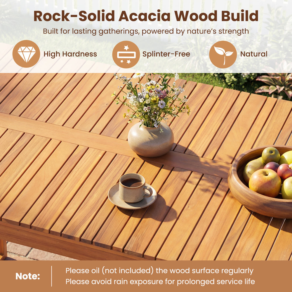 Acacia wood outdoor garden bench with slatted seat, supports 800 lbs, ideal for porch or patio use.