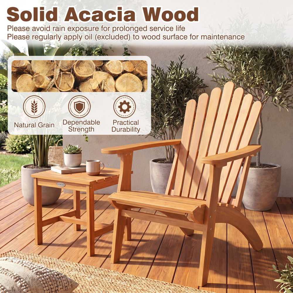 Acacia wood outdoor patio chair with curved seat and wide armrests, designed for comfort and stability, 400 lbs.