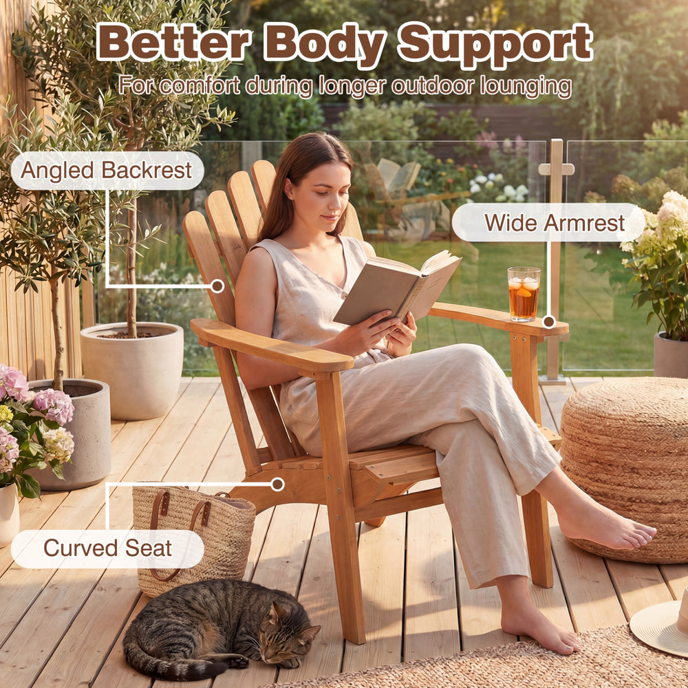 Acacia wood outdoor patio chair with angled backrest and wide armrests, designed for comfort and stability up to 400.