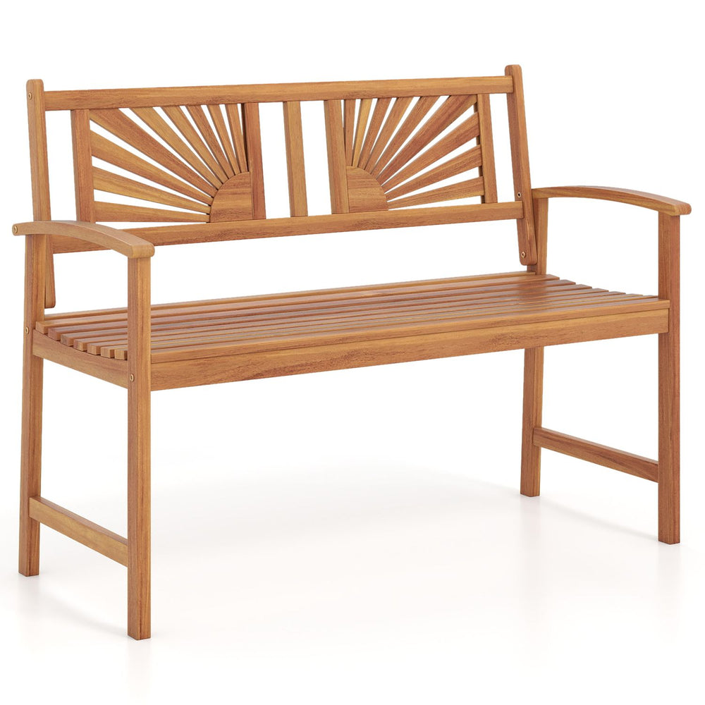 Acacia wood outdoor garden bench showcases a smooth sanded surface and sunburst back design for stylish outdoor relaxation.