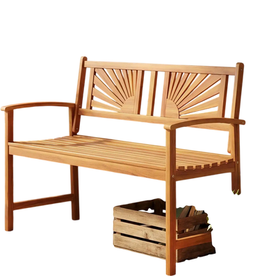 Costway 2-Person Acacia Wood Outdoor Garden Bench Sunburst Back Curved Armrests 71399952 New