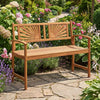 Acacia wood outdoor garden bench with sunburst back and curved armrests, perfect for two-person relaxation in outdoor spaces.