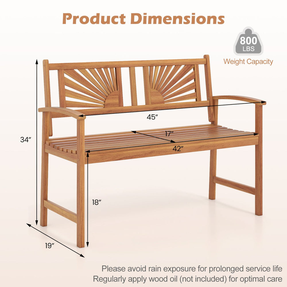 Acacia wood outdoor garden bench with sunburst back design, curved armrests, and 800 lbs capacity for two-person seating.