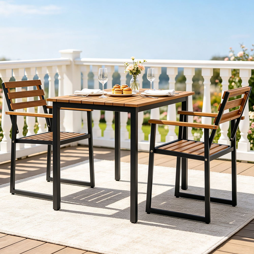 Acacia wood outdoor dining chairs set of 2 with heavy-duty metal frame, perfect for patio or garden use.
