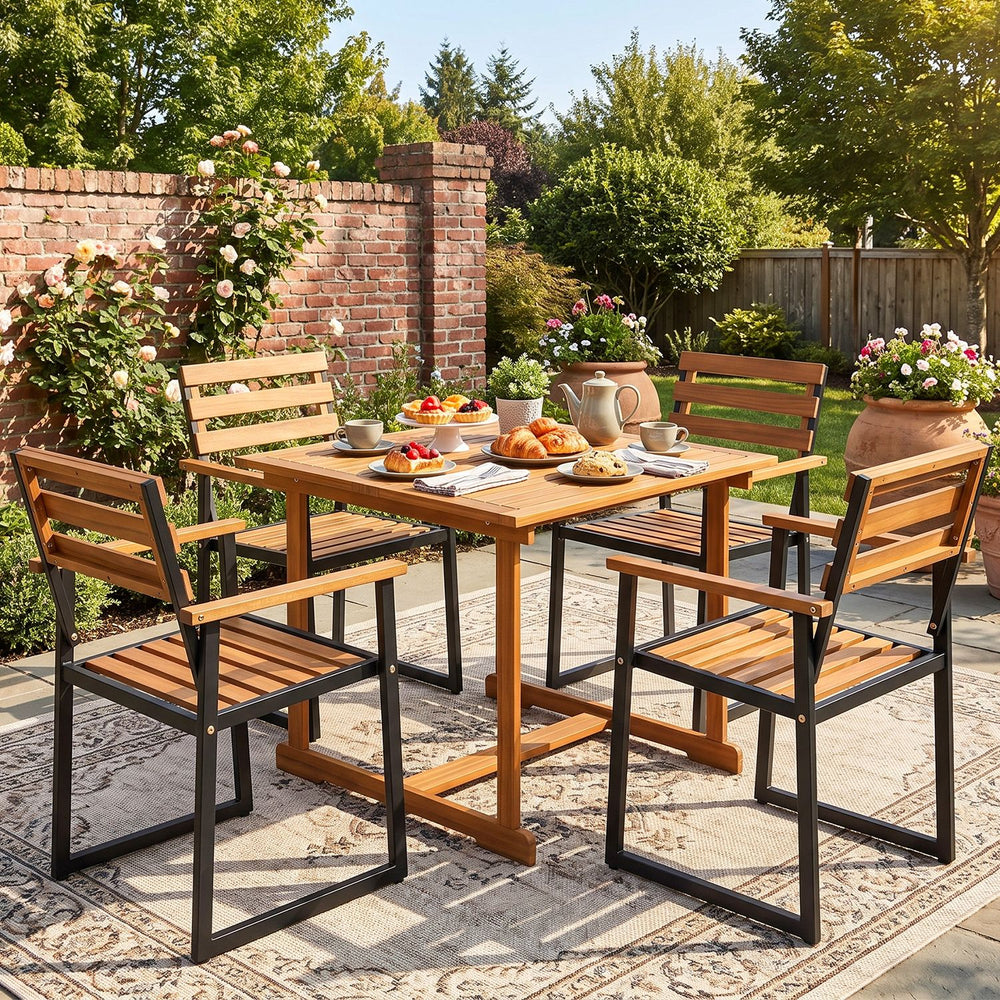 Set of two acacia wood outdoor dining chairs with heavy-duty metal frame, perfect for patio or garden use.