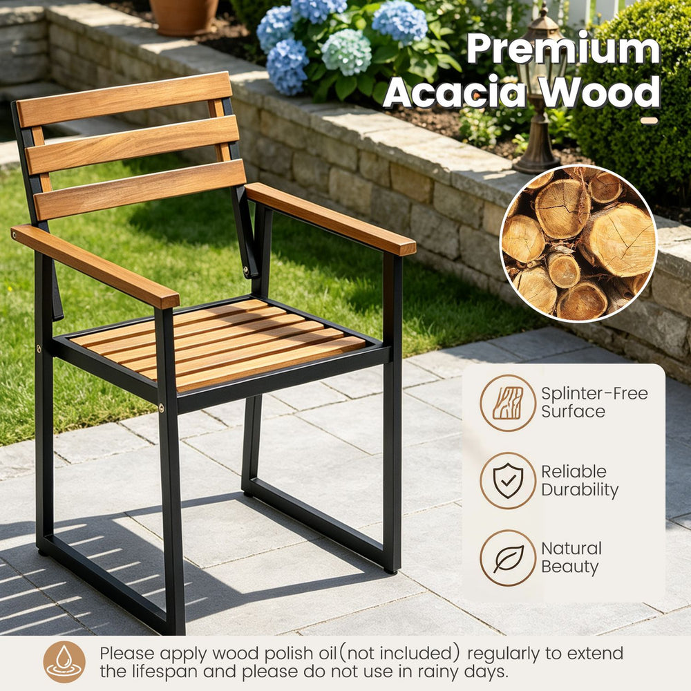 Acacia wood outdoor dining chair with heavy-duty metal frame, designed for durability and optimal body support on patios.