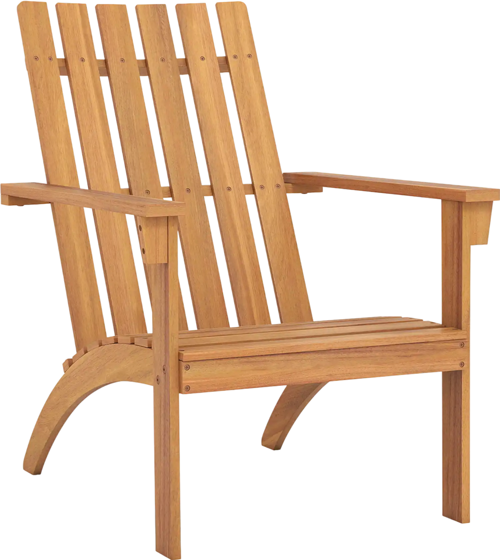 Natural acacia wood Adirondack chair with inclined seat and high backrest, perfect for porch or backyard relaxation.
