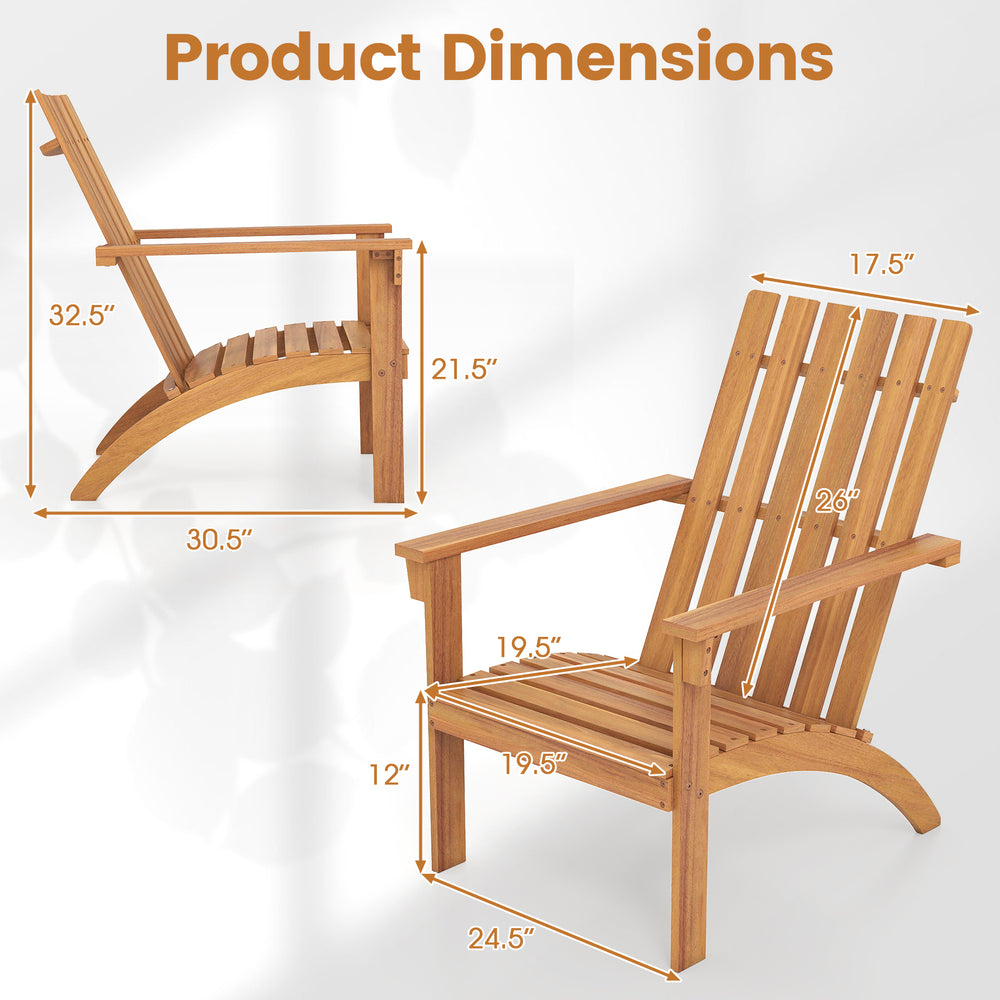 Acacia wood patio Adirondack chair dimensions with inclined seat and high backrest for comfortable outdoor seating.