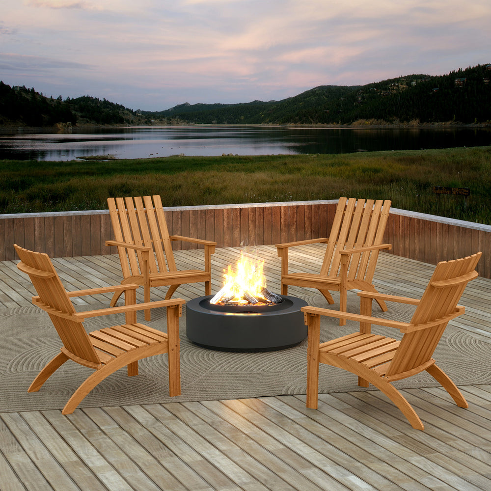 Natural acacia wood Adirondack chair with high backrest, perfect for outdoor patios and comfortable seating.