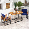Acacia wood patio dining table with metal frame and navy chairs, perfect for outdoor dining in your garden or patio.