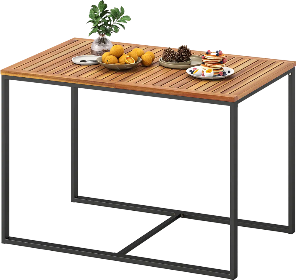 Acacia wood patio dining table with metal frame, featuring a smooth surface and modern design, perfect for outdoor.