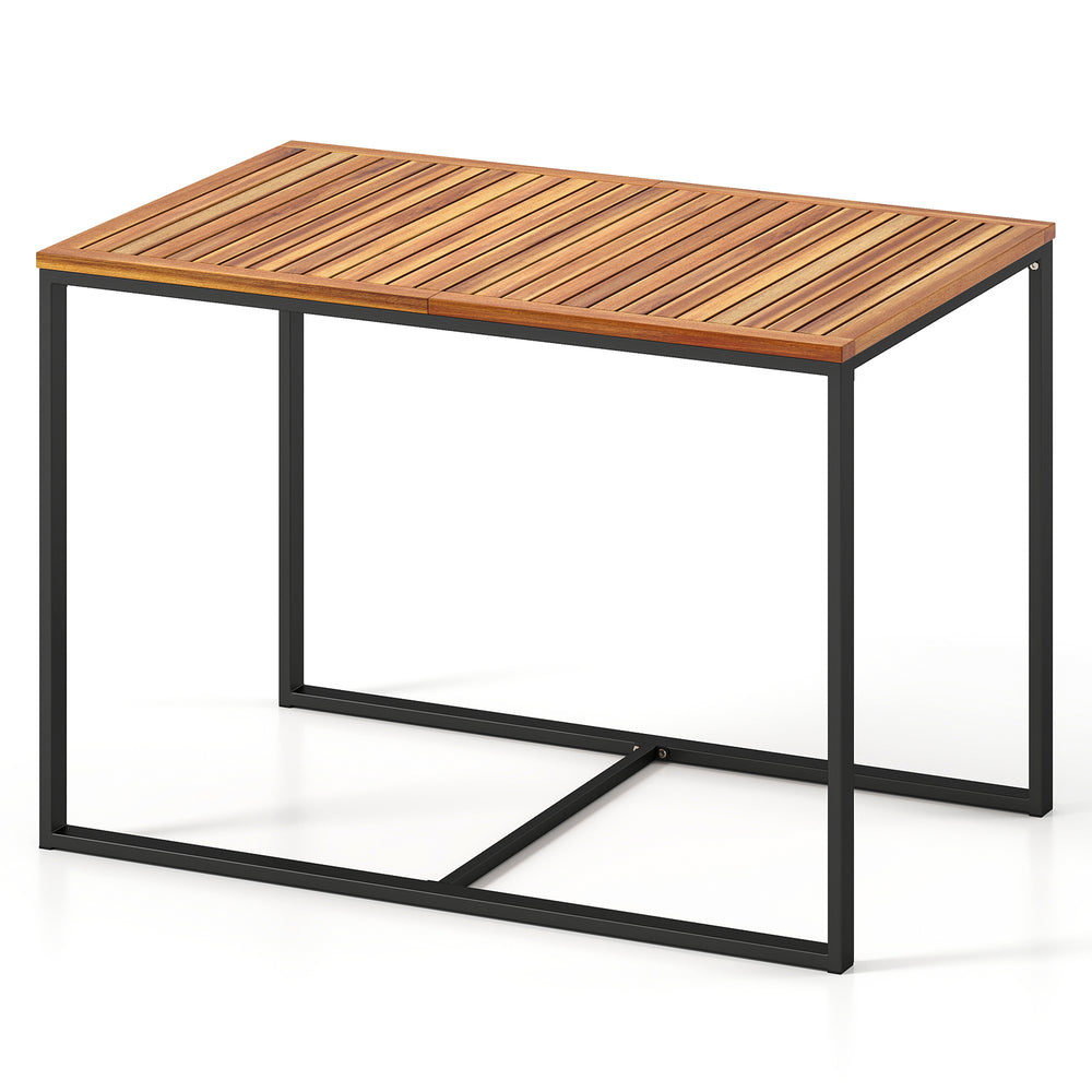 Acacia wood patio dining table with metal frame, featuring a smooth surface and sturdy design, ideal for outdoor dining.