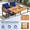 Acacia wood patio dining table with metal frame, featuring a smooth surface and seating for 4, ideal for outdoor spaces.