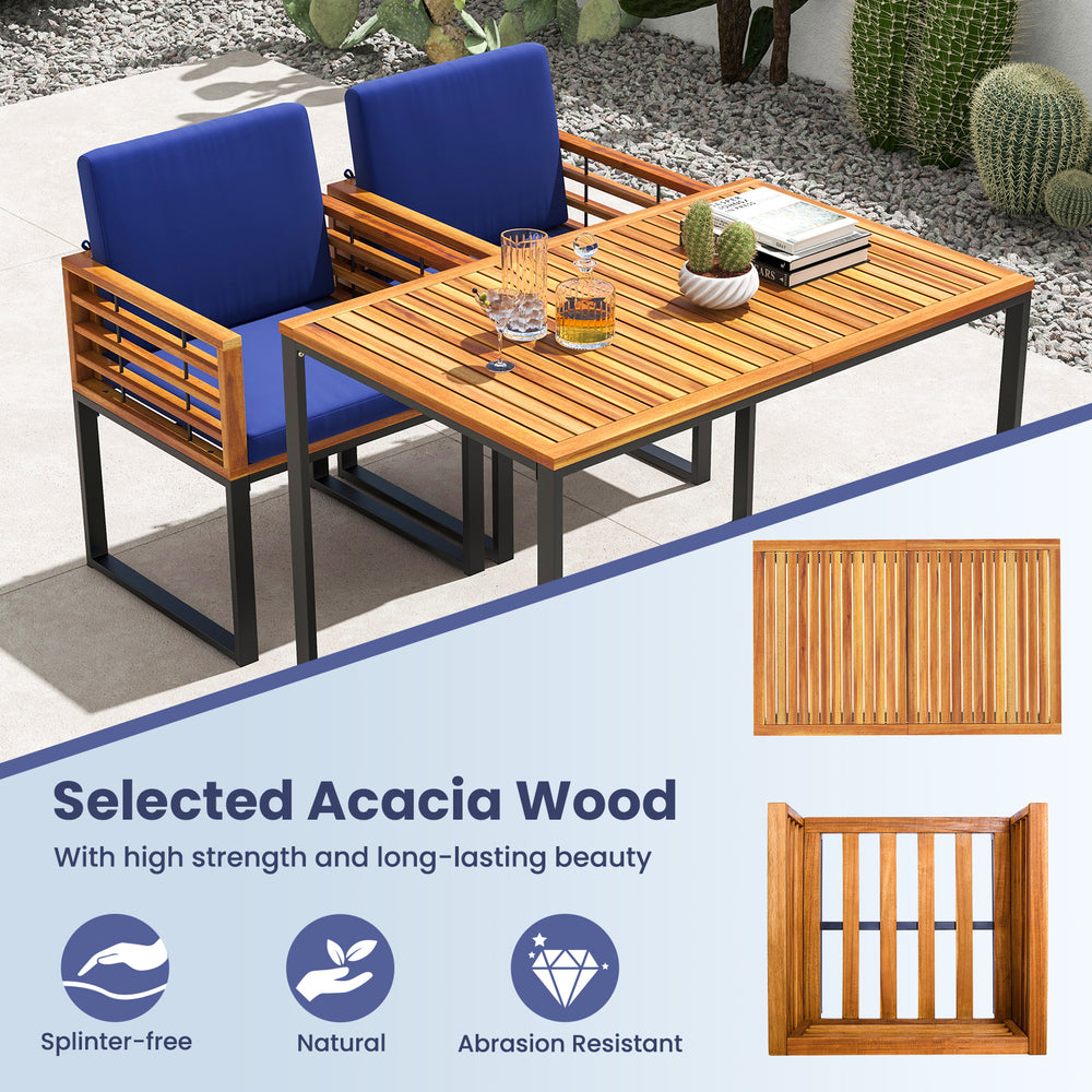 Acacia wood patio dining table with metal frame, featuring a smooth surface and seating for 4, ideal for outdoor spaces.