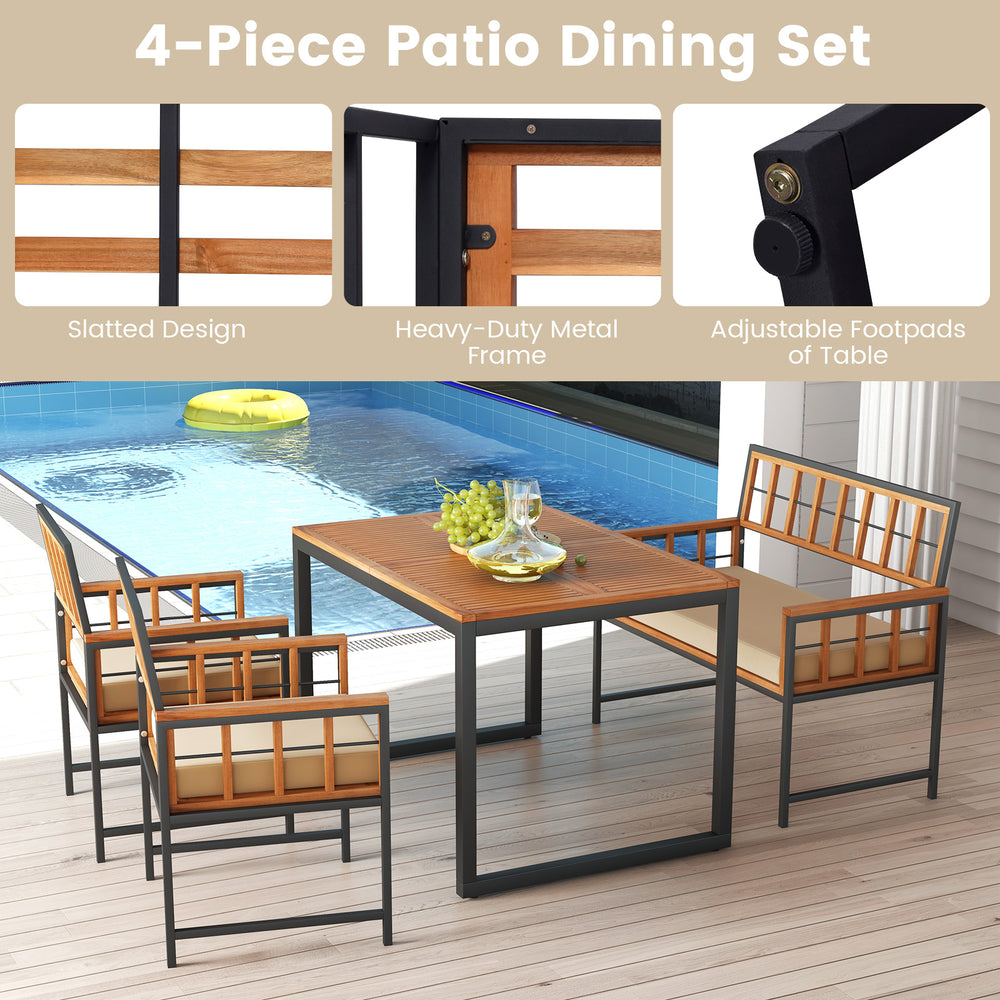 4-piece acacia wood patio dining set featuring a rectangular table and cushioned chairs, perfect for outdoor dining.