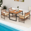 Acacia wood patio dining set featuring a rectangular table and four cushioned chairs, perfect for outdoor relaxation.