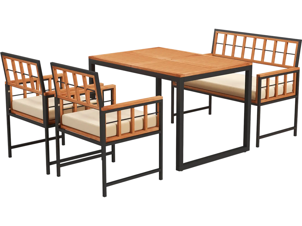 4-piece acacia wood patio dining set with soft cushions and sturdy metal frame, perfect for outdoor dining.