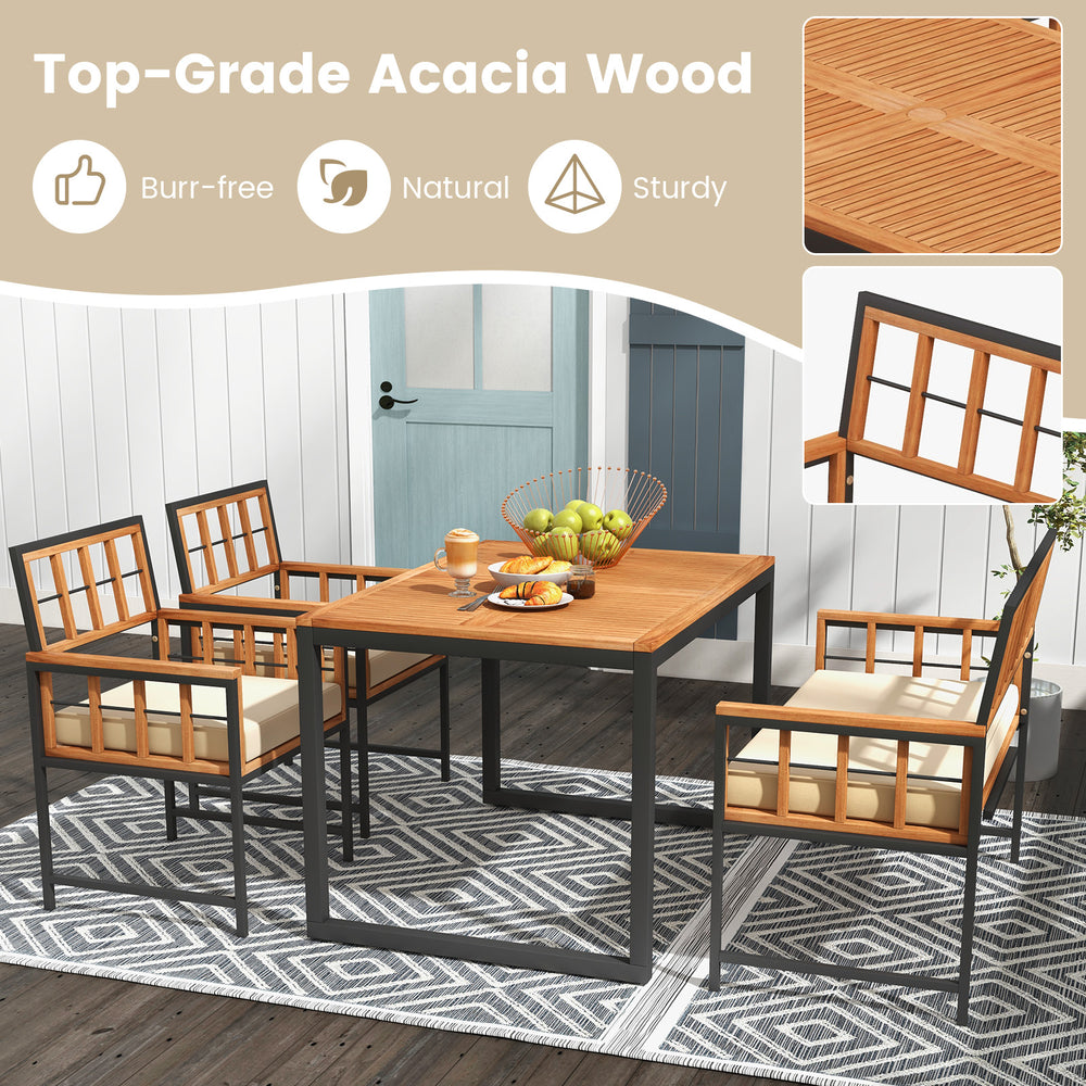 4-piece acacia wood patio dining set featuring a rectangular table and cushioned chairs, perfect for outdoor gatherings.