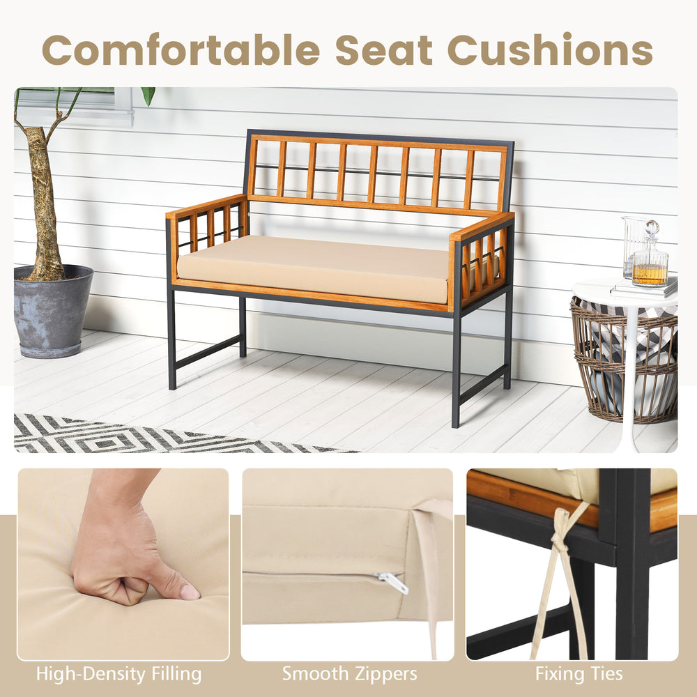 Acacia wood patio dining set with comfortable seat cushions, featuring smooth zippers and fixing ties for outdoor use.