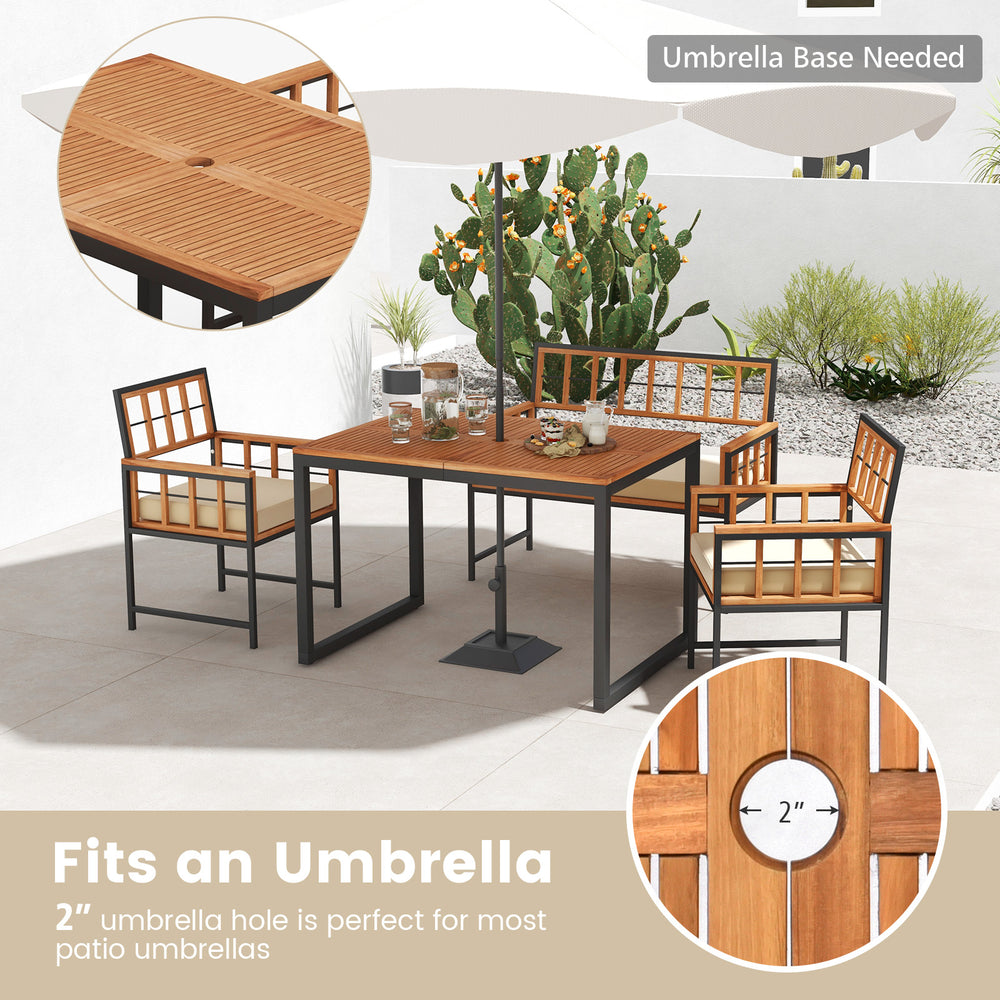 4-piece acacia wood patio dining set with rectangular table and 2" umbrella hole, ideal for outdoor gatherings.