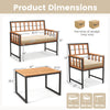 Acacia wood patio dining set dimensions with a rectangular table and soft cushions, ideal for outdoor spaces.