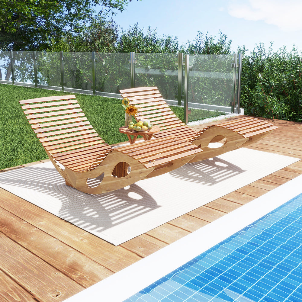 Acacia wood patio rocking sun lounger with ergonomic curved seat, perfect for poolside relaxation and stability.