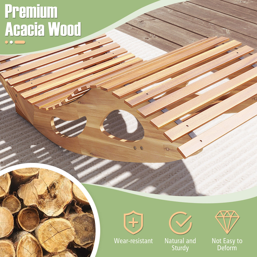 Close-up of the acacia wood slats on the patio rocking sun lounger, showcasing its natural texture and sturdy design.