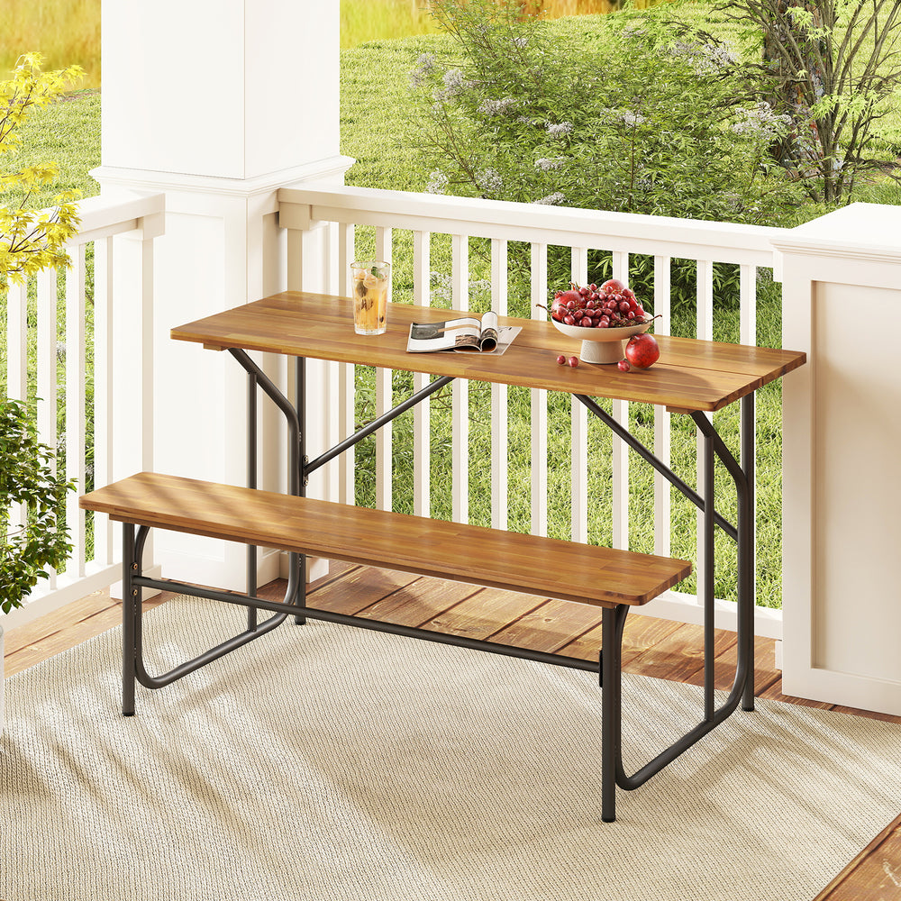 Acacia wood patio table bench for 2 people, featuring a solid wood top and reinforced metal frame, perfect for outdoor.